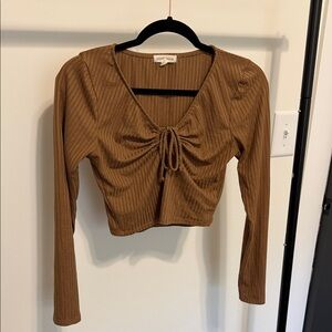 Motel Rocks Brown Ribbed Tie-Front Long-Sleeve Crop Top
